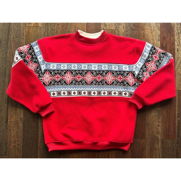 90s vintage red nordic aztec print unisex mens cozy fleece knit pullover sweater - Picture 9 of 10